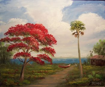 Royal Poinciana Tree- Boat Shack 20 by 24" Oil on Board. Painted Nov. 11th, 2006 (SOLD - Movie Actress Chris Noel. www.ChrisNoel.com