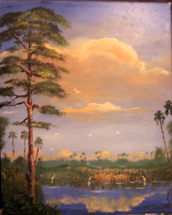 Palette Knife Painting & he used his fingers. 16 by 20" Oil on Masonite. (Painted August 2005) (SOLD-Collector in Ft.Pierce, FL)