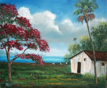 Ponciana Tree. 20 by 24" Oil on Masonite Board. Lots of palette knife with some brush. Painted Dec 18th, 2006 (SOLD - Collector in Yankeetown, FL)