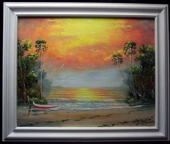 'Sunny Lagoon' 16 by 20", Oil on Masonite Board. Lots of Palette knife work, also brush. Sept. 6th 2007 (SOLD - Collector from Lake Park, Florida -but the painting will hang in Johnson City, Tennessee )