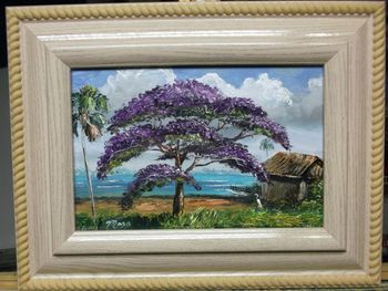 'Jacaranda & Beach Shack' Oil on board. 8 x 12". Nov. 22nd 2013. (SOLD - this Original is Owned by a Collector from Stuart, FL).........but you can..... Buy a Quality Fine Art Print Here!