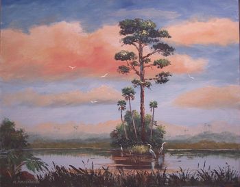 16 x 20" Oil on Masonite board. Slash Pine & Cabbage Palms made 100% w/Palette Knife. Painted October 12th, 2006 (SOLD - Collector in Yankeetown, FL)