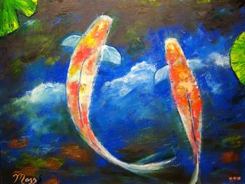 'Koi Fish Cloud Reflections" 16 by 20" Oil on stretched canvas. Palette knife and brush. Painted April 4th, 2010.Original is Available or ; BUY KOI PRINTS HERE!