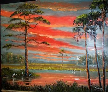 'Slash Pine Fire Sky' 20 by 24" Oil on Masonite Board. Lots of Palette knife. Painted Jan. 26th, 2008(SOLD - Collector from Boca Raton, FL)