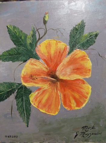 ' YELLOW HIBISCUS ' 11 by 17" Palette knife work, Acrylic on Stretched Canvas. Painted April 7th 2013