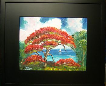'Blooming Royal Poinciana Tree and Sailboat" Oil on board, 8 x 10". Loads of Pallette knife work. April 13th 2014 (SOLD - Collector from Spring Hill, FL)