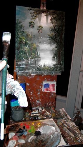 Dec 30th 2009. On the Easel. Mazz just finished this Misty River scene. He used Made in the USA boards & paints.