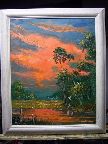 'Fire SkyOver the Pond' 16 by 20" Oil on masonite board. Palette knife & Brush. Painted Feb. 8th, 2011 (SOLD - Collector from Marina del Rey, CA)