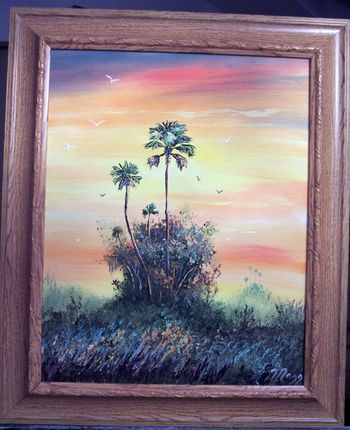 16 by 20" Oil on Stretched Canvas. Palm trees & birds made with the Pallet knife. (Painted June 2006) (SOLD-collector in Jupiter FL)