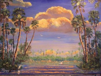 Florida Countryside Scene. 18 x 24" Stretched Canvas. Thick paint, Palette Knife Painting. All birds were made with the palette knife too. Painted July 2005 but Mazz made some changes during March 2006, such as highlighting the large clouds more, added 2 palm trees etc.
