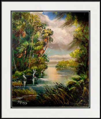 "Windy North Fork of the St. Lucie River" 16 by 20" Oil on Board. Dec 2020 (Mazz repaired a 2006 painting and added more foilage) This is In a Private Collection) BUT You can Buy a Framed or Unframed Print Here!