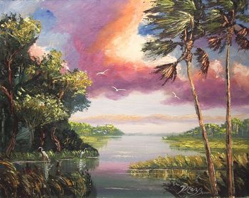'WIndy River Palms' 16 x 20" Oil on Masonite Board, Loads of Palette Knife work & brush. Painted Aug. 5th, 2007 (SOLD - Collector from Bradenton, Florida)