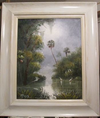 " Misty St. Lucie River with Blue Heron" Palette knife and brush by Mazz. 16 by 20" Oil on board 9/11/19. (Original is owned by a Collector for Port St. Lucie,FL) But you can Buy a Framed Print or Canvas Here!