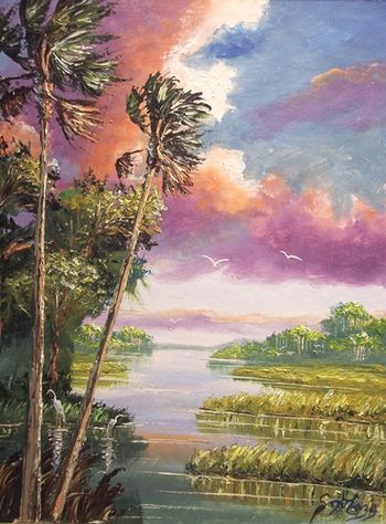 'WIndy Creek Palms' 16 x 20" Oil on Masonite Board, Loads of Palette Knife work & brush. Painted Aug. 5th, 2007 (SOLD - Collector from Palm Coast, Florida)