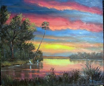 Sunset Fire-Sky. 20 by 24" Oil on Masonite Board. Lots of palette knife with some brush. Painted January 6th, 2007