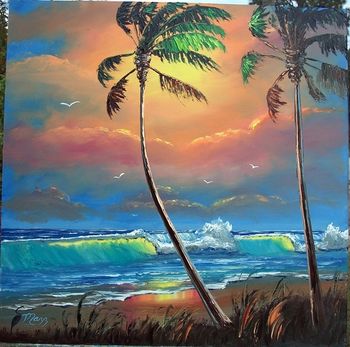 "Glowing Beach" 24 by 24" Oil on Board. (lots of palette knife) w/brush. Painted Feb 9th 2007. (Not For Sale). BUT Youu can Buy a Framed or Unframed Print Here!