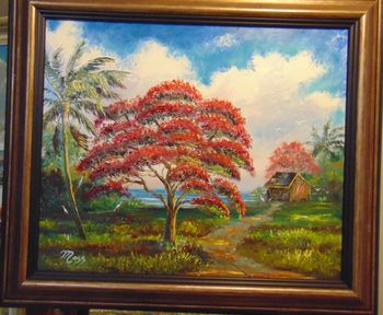 "Royal Poinciana Tree by the Lake" Palette knife and brush by Mazz. 20 by 24" Oil on board Sept 20th 2020 (Original is SOLD - Collector from Lakeland, Florida) But You can Buy a Framed or Unframed Print Here!