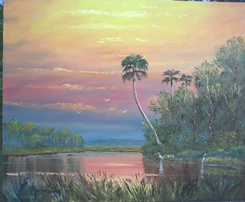 Sunny Everglades -20 by 24" Oil on Board - Lots of Palette knife, also brush. Painted Nov 2nd 2006 (SOLD - Collector in Tampa, FL)