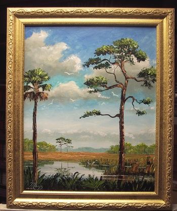 'Palm & Pine' 16 by 20" Oil on Masonite board, Lots of Palette knife work. Painted July 28th, 2007 (SOLD - Collector from Bartow, FL)