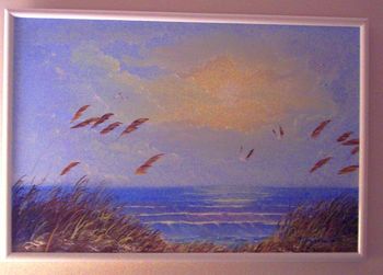 Florida Beach. 1980's (Private Collector) Mazz sold several varieties of this Soft Seascape with sea oats. (Original is in Private Collection) But You can Buy a Framed or Unframed Print Here!