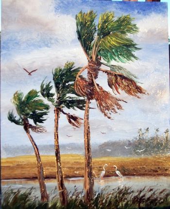 Windy Cabbage Palms 8 by 10" Lots of Palette knife & some brush. Oil on Board. Painted November 9th, 2006