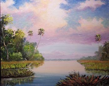 'Peaceful River' 20 by 24", Oil on Masonite Board. Lots of Palette knife work, also brush. Sept. 5th 2007