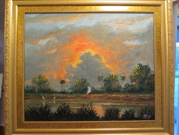 'Sunset while Traveling to Okeechobee "on 7/06/2016 . Oil on Board, 20 by 24" Palette knife & brush. (SOLD, Collector from Jacksonville) But You can also Buy a Framed Print Here!