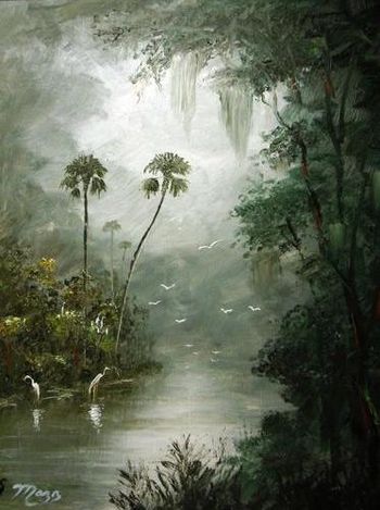 'Misty River Dreams'16 by 34" Oil on masonite board. Palette knife & brush. Painted Nov 27th, 2011. (COLLECTOR from Pensacola, FL)