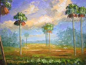 'Cabbage Palms in Florida'' 8 by 10" Oil on Canvas board. All Palette knife. Painted July 24th, 2010