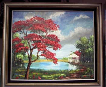 "Royal Poinciana with Gazebo" 20 by 24" Oil on Board. (lots of palette knife) Painted May 6. 2007 (SOLD - Collector from Stuart, FL)
