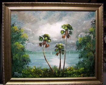 'Tropical Misty Lake' 16 by 20" Oil on masonite board. Palette knife and brush. Painted Feb.. 5th, 2010 (COLLECTOR from ORLANDO, Florida)