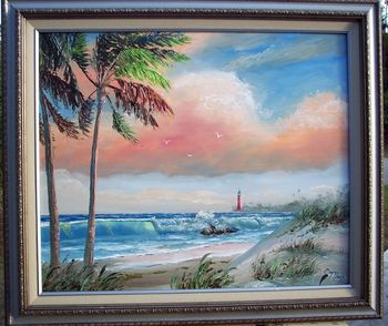 "Distant Lighthouse" 20 by 24" Oil on Masonite Board. Lots of palette knife & brush. Painted Nov.21st, 2006 (DONATED to St. Joseph Nursing Home, Utica, NY)