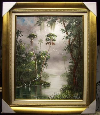 "Florida Misty River Blues"16 by 20" Oil on Masonite Board. Palette Knife and brush. April 13th, 2009 ( Collector from Sebring, Florida)