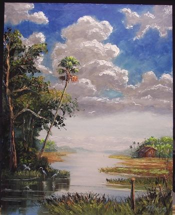 'Cabin in the country' 16 by 20" Oil on Masonite Board. Lots of Palette knife work, plus brush. Nov. 5th, 2007 (SOLD - Collector from Hobe Sound, FL)