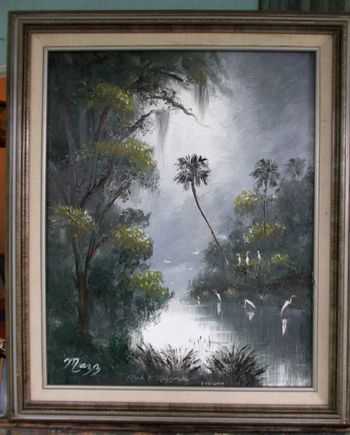 "Misty Florida River Egrets" Palette knife and brush by Mazz. 16 by 20" Oil on board 8/15/19. (Original is SOLD to Collector from Coral Gables, Florida) You can still Buy a Framed Print or Canvas Here!
