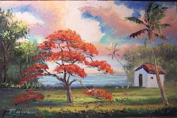 'Royal Poinciana Lake & Shack'16 by 24" Oil on Masonite Board. Lots of Palette knife & brush. Nov. 12th 2007 (SOLD - Collector fromLaguna Niguel, CA)