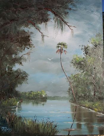 Misty River. 16 by 20" Oil on Masonite Board. Lots of palette knife with some brush. Painted January 2nd, 2007 (SOLD - Collector in Yankeetown, FL)