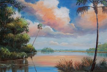 "Florida Country Lake" 24 by 36" Oil on Board. (lots of palette knife) w/brush. Painted Feb 12th 2007 (SOLD - Collector in Palm Beach Shores, FL)