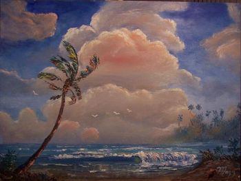 18 x 24" Oil on Masonite Board. Beautiful Clouds and beach scene. Lots of Palette knife work. (July 2005) (Sold-Private collector in Winter Haven, Florida)