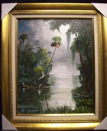 'Misty River Moss' 16 by 20" Oil on Masonite Board. Palette Knife and brush. August 22nd, 2009 (Collector from Miramar, Florida)