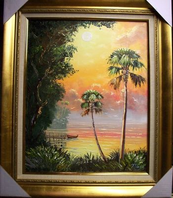 "Sunny Lagoon Left" 16 by 20" Oil on Masonite Board. Palette Knife & brush. September 22nd, 2008. Museum Quality, Wide Frame, Rich Gold Colorw/ Gold Leaf. Liner is Beige w/ Gold Trim.(SOLD - Collector from Miramar, Florida)