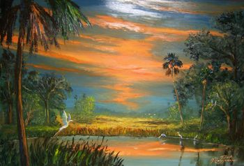 'Summer Sunset w/Blue Heron' Sofa sized Oil on board. 24x36". Feb 12th 2014. (SOLD - This Original is Owned by a Collector from Stuart, FL............but you can Buy a Print Here!