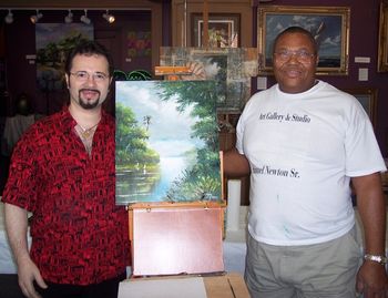 Another Lesson with Sam. Famous Florida Landscape artist Sam Newton teaching Mark Mazzarella some more Advanced Palette Knife Techniques. (Painting by Mazz)