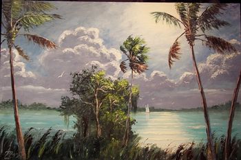 'Sailing the intracoastal' Sofa size 24by36" Oil on board, loads of Palette knife work. Painted July8th, 2007 (SOLD - Collector from Port Charlotte Florida)
