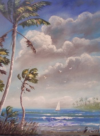 11 by 14" Oil on Canvas Board. Trees, Birds, forefront & parts of clouds made with the Pallet knife. (Painted May 2006)