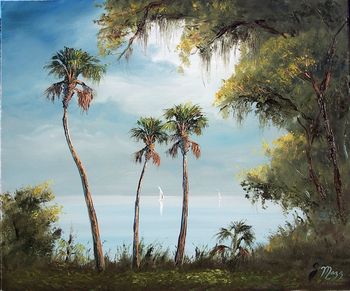 Foggy Lake on Board. 20 by 24" Oil on Masonite Board. Lots of palette knife & brush. Painted Nov.19, 2006 (SOLD - Collector in Yankeetown, FL)