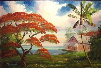 "Royal Poinciana Refuge by the Lake" 24 by 36" Oil on Masonite Board. Loads of Palette Knife work throughout. (Set in a Museum Quality, Wide Frame, Rich Gold Color w/ Gold Leaf. Liner is Beige). Nov 17th, 2008(SOLD - Collector from Jupiter, Florida)