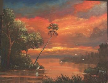 Sunset Fire Sky 16 by 20" Palette Knife & brush. Oil on Board. Painted October 20th, 2006 (SOLD - Collector in Debary, FL)