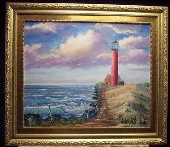 'Lighthouse' 20 by 24", Oil on Masonite board, Lots of palette knife work, also brush. Painted September 1st., 2007 (SOLD - Collector from Scotia, N.Y.)