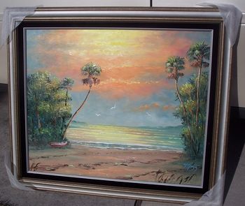'Sunny Beach w/boat' 20 by 24" Oil on board. (Lots of palette knife work, also some brush) March 29th, 2007 (SOLD - Collector, Atlanta, GA)